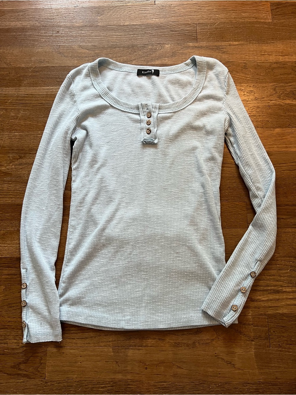 Small Womens Kissfix Light Blue Henley Long Sleeeve Ribbed Top